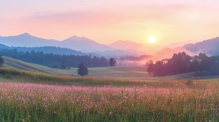 Soft Sunrise Over Mountain Valley and Flower Field