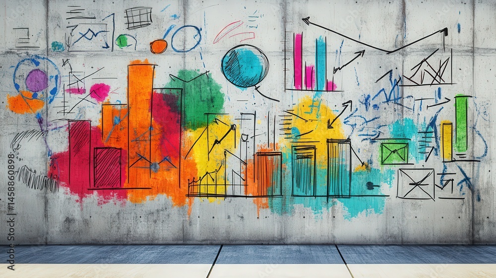 Poster a bold and colorful business idea sketch drawn on a concrete wall, illustrating various business con