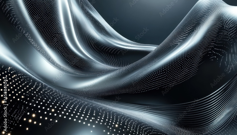 Poster Abstract Wavy Dark Background with Glowing Digital Dots Modern Texture and Futuristic Geometric Design Dynamic Light and Shadow