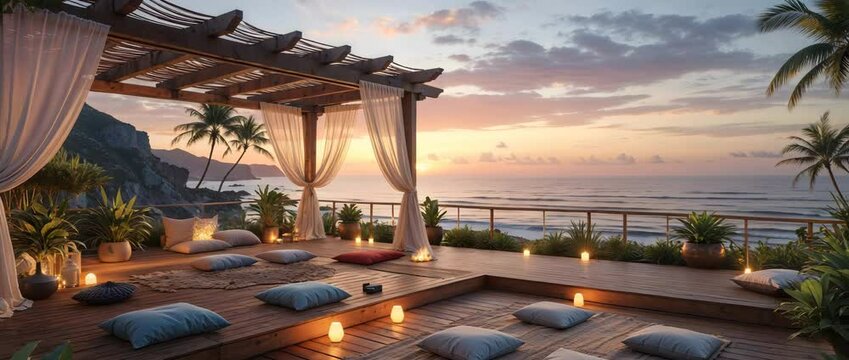Luxurious coastal deck with sunset view and relaxing atmosphere