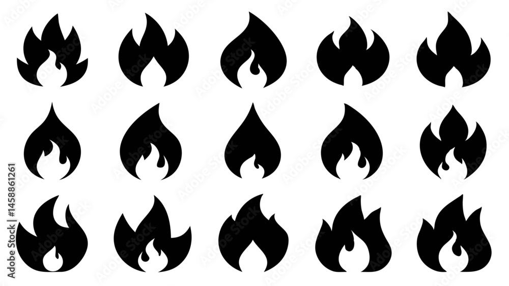 Poster create a set of fifty black fire icons representing different aspects of fire in a distinctive desig