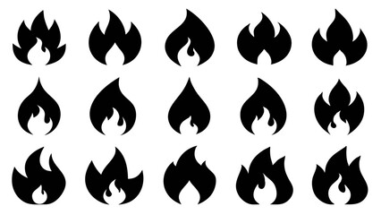 Create a set of fifty black fire icons representing different aspects of fire in a distinctive design style.
