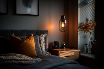 Warm bedroom interior with soft lighting and natural textures
