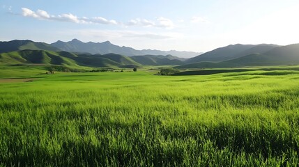 Fototapeta premium Serene landscape photo of a vast green field gently swaying in the breeze, nestled amidst rolling hills and a majestic mountain range under a clear sky. : Generative AI