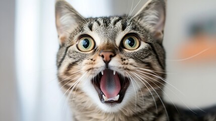 Obraz premium Close-up portrait of a tabby cat with wide-open mouth, showing teeth and pink tongue, green eyes, and long whiskers. The cat appears surprised or playful. : Generative AI