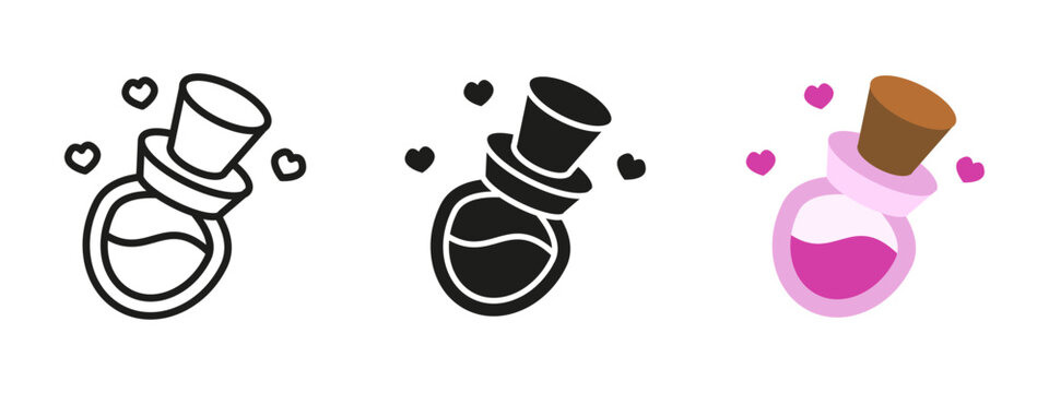 Love potion icon. Pink magic elixir in a corked vial with floating heart symbol. Fantasy vector illustration used in romantic themes, games, spells and magical story contexts.