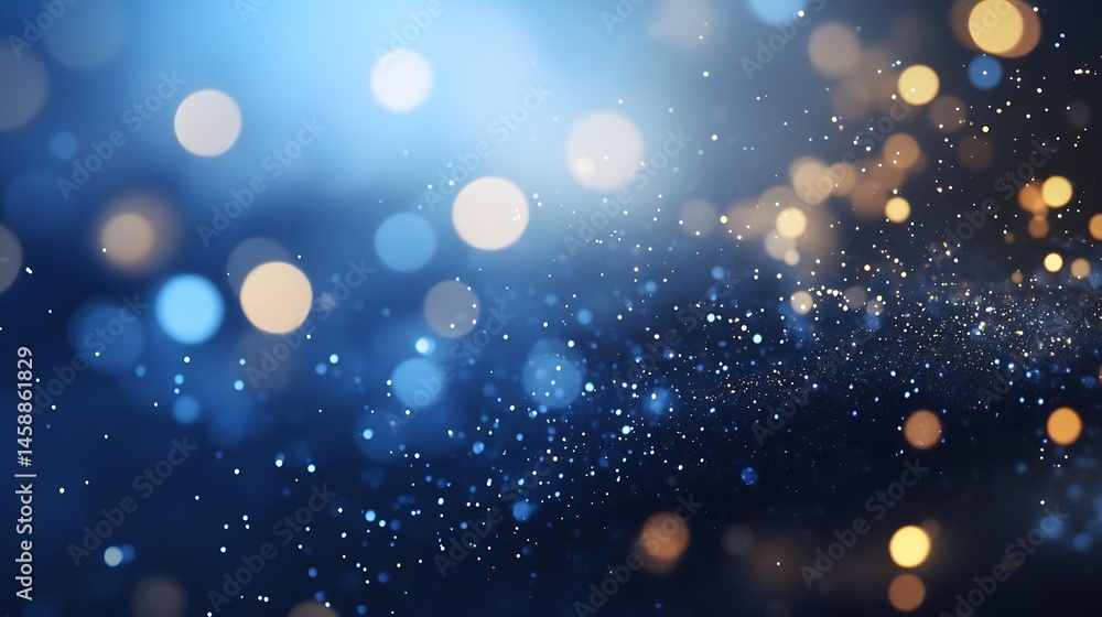 Poster Abstract bokeh background with blue and gold lights, glittering particles, and a dark, moody atmosphere, ideal for festive designs or elegant presentations. : Generative AI