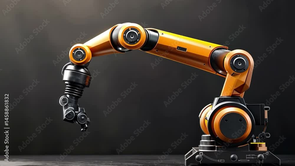 Poster robotic arm in orange and black showcase of mechanical innovation and precision engineering for indu