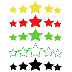 Obraz premium 5-star review rating template with transparent background. A set of feedback symbols showing five stars in five different styles: outline, black, red, green, and transparent. Quality rating icons 