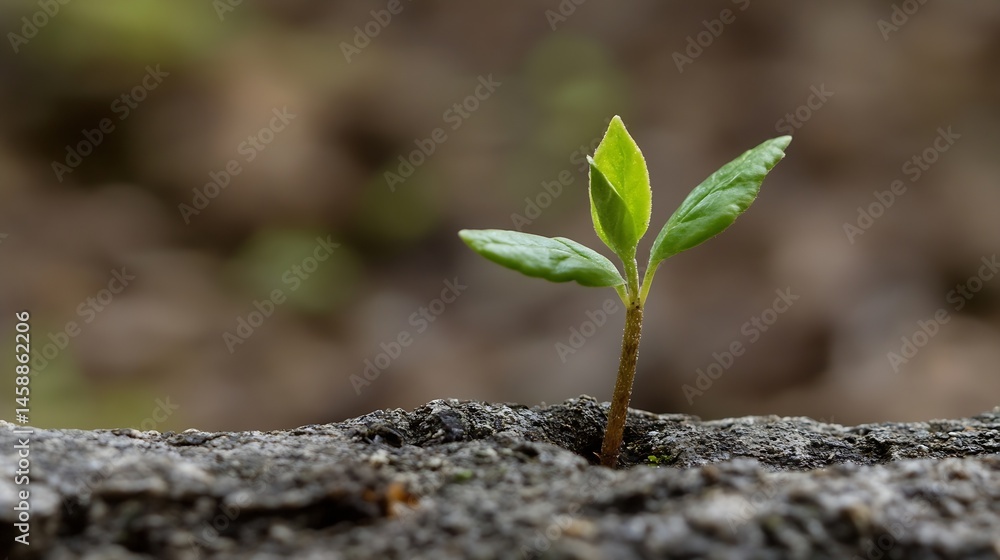 Poster A tiny green sprout emerges from a crack in the weathered bark of a tree, symbolizing resilience and new life against a blurred natural background. : Generative AI