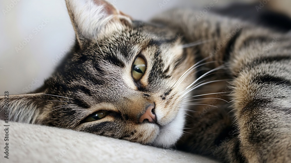 Poster close-up portrait of a tabby cat resting its head on a soft surface, showcasing its detailed fur, gr
