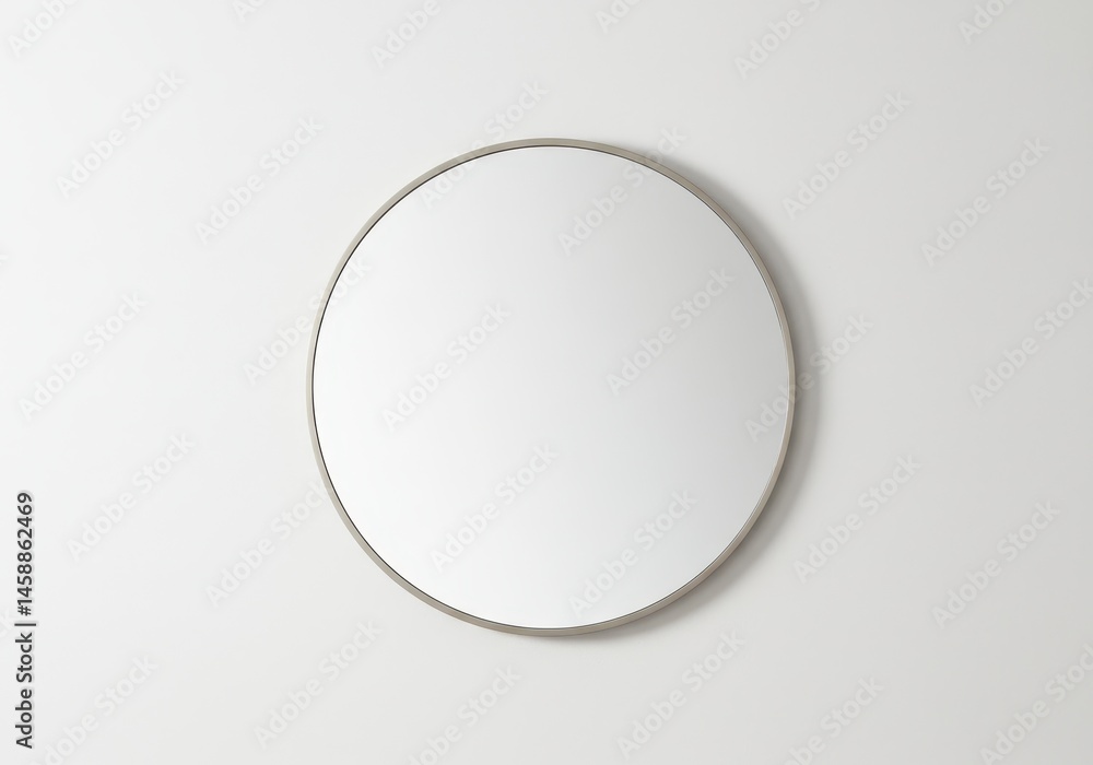 Poster a simple round mirror with a thin frame hangs on a white wall, reflecting bright light in a minimali