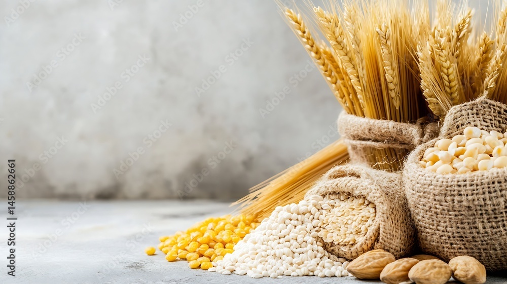 Poster close-up of various grains and nuts in burlap sacks, including wheat, barley, almonds, and different