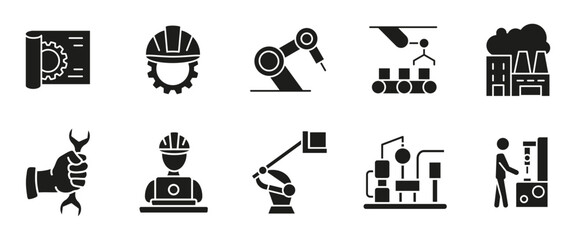 Industry glyph icon set. Factory automation and engineering black vector illustration. Robots, gears, workers and machines symbols. Industrial production and manufacturing technology concept.