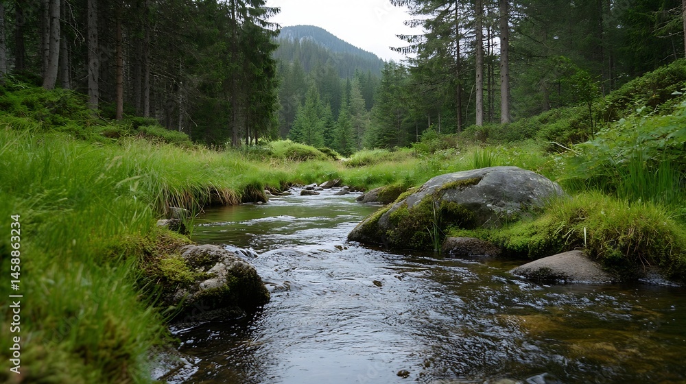 Aufkleber serene mountain stream flows gently through lush green valley, surrounded by tall evergreen trees an