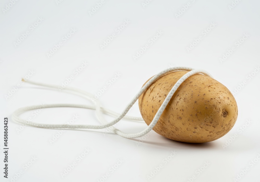 Poster a single potato with a white string wrapped around it on a white background in studio lighting