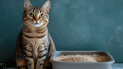 Fototapeta na wymiar A striped tabby cat sitting next to a litter box filled with clean litter, highlighting pet care and hygiene essentials.