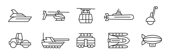 Futuristic and military transport line icon set. Vector outline illustrations of helicopters, tanks, submarines, airships and hovercrafts. Concept icons for defense and advanced transportation design.