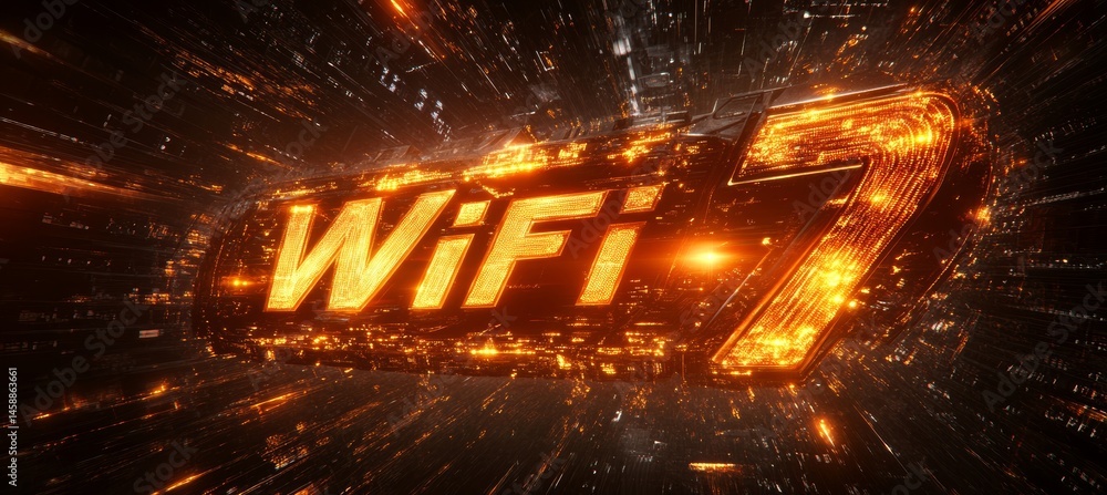 Poster wifi 7, next generation wireless connectivity on a dynamic, high tech server background
