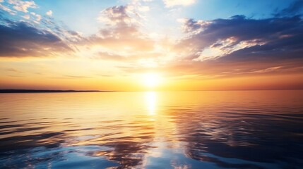 Fototapeta premium Serene sunset over calm water, reflecting vibrant orange and blue hues in the sky and sea, creating a peaceful and tranquil atmosphere. : Generative AI