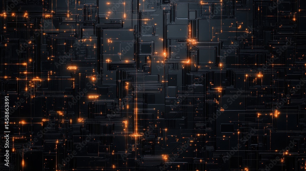 Aufkleber Dark Geometric Tech Background with Glowing Orange Details Abstract Digital Texture Featuring Intricate Cubic Patterns and Modern Technological Elements for Futuristic Design