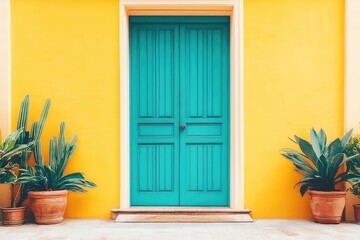 Fototapeta premium Vibrant teal door on a sunny yellow wall