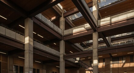 Modern Industrial Building Interior with Steel Beams and Concrete Columns