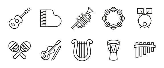 Musical instrument icon set. Line vector illustrations of guitar, piano, violin, trumpet, drums and more. Music, sound, and performance symbols for bands, concerts, apps and educational resources