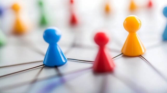 Colorful game pieces interconnected, representing network, teamwork, or collaboration.  Close-up view of plastic game tokens linked together, showing connections and relationships. : Generative AI