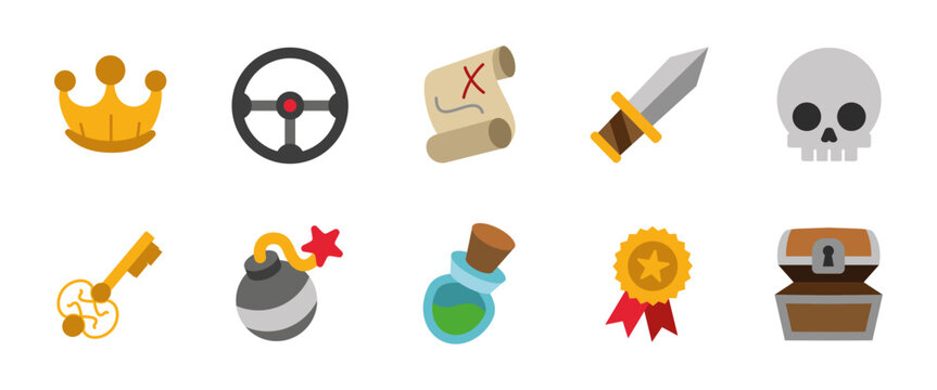Treasure hunt cartoon icon set. Colorful vector illustrations of pirate map, crown, sword and chest. Adventure and fantasy themed symbols for games, quests, RPG interfaces and reward-based missions.