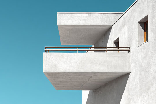 Modern minimalist building facade with white balcon