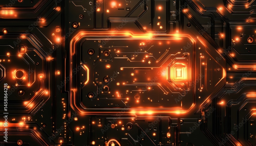 Aufkleber Detailed Circuit Board with Orange Glowing Electronic Paths Digital Network Design Technology Structure Futuristic Abstract Pattern with Modern High Tech Background
