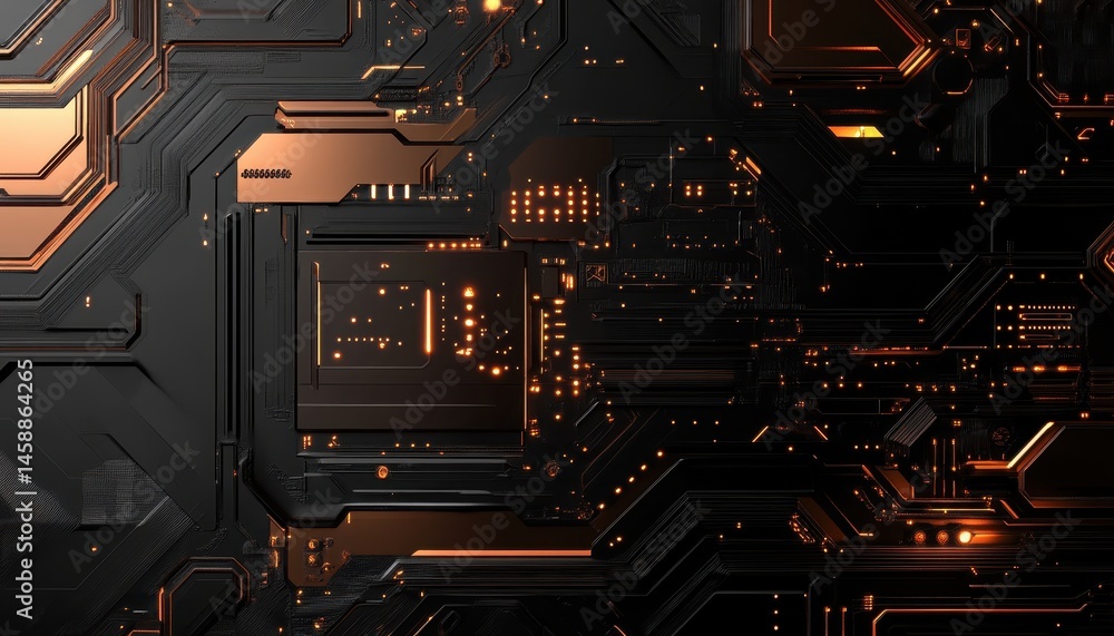 Leinwandbilder Detailed Macro Shot of a Complex Circuit Board Featuring Copper Traces and Integrated Components with a Futuristic and Modern Design on Black Background