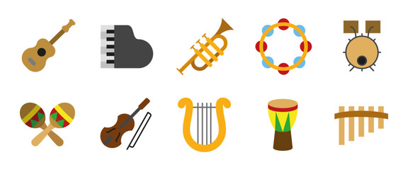 Musical instrument cartoon icon set. Colored vector illustrations of guitar, piano, violin, trumpet, drums. Music, sound and performance symbols for bands, concerts, apps and educational resources