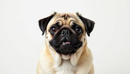 Single pug, alert expression, against white backdrop, dog, front view, wrinkle