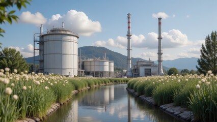 Fototapeta premium Biogas Plant with Storage Tanks and Chimneys near Canal in Green Field, Renewable Energy Landscape, Italy, Europe