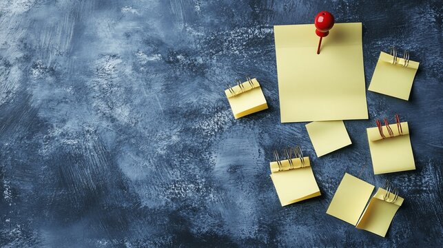 Sticky notes pinned to a textured surface.  Multiple yellow notes with metal clips, one with a red pushpin, arranged on a dark, mottled background