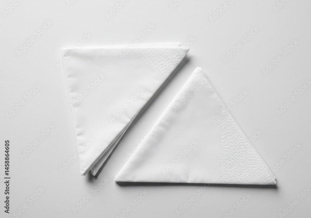 Poster two neatly folded white napkins arranged in a triangular shape on a plain white surface, creating a 