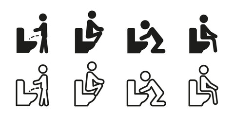 Toilet icon set. Male figure using toilet in various positions standing, sitting, squatting. Hygiene and restroom posture pictograms for bathroom signs, instruction visuals and sanitary infographics.