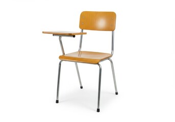 Isolated school desk chair with wooden seat and attached writing surface against a white background