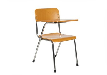 Vintage school desk chair with attached writing surface on a white background in a studio