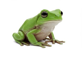 A green tree frog sits isolated against a white background in a close-up studio shot