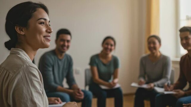 Woman leading group therapy session for mental health support. Diverse participants sharing experiences in counseling circle. Emotional healing concept.
