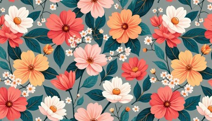 Small scale repeat of stylized blossoms, muted tones, muted tones, stylized, art