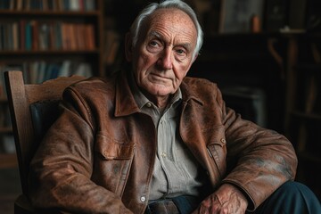 Obraz premium An elderly man, wearing a brown leather jacket, sits thoughtfully in a chair near a bookshelf.