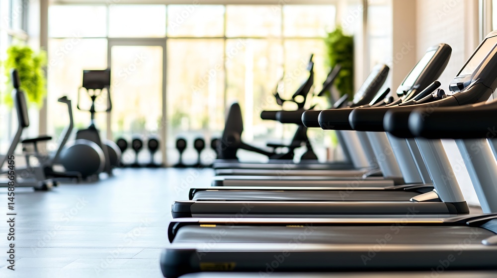 Poster modern gym interior with a row of treadmills and exercise bikes near large windows, showcasing a bri