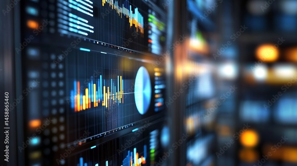 Aufkleber Close-up view of a server rack displaying dynamic data visualizations, including bar charts, line graphs, and pie charts, with a blurred background suggesting a data center environment : Generative AI