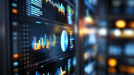 Close-up view of a server rack displaying dynamic data visualizations, including bar charts, line graphs, and pie charts, with a blurred background suggesting a data center environment : Generative AI