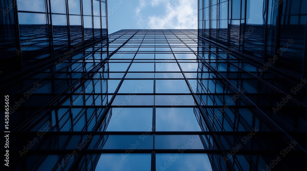 Fototapete modern skyscraper facade reflecting blue sky and clouds, showcasing a geometric pattern of glass pan