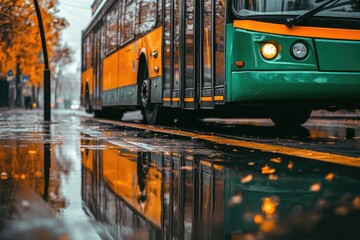 Obraz premium Rainy City Bus Reflection